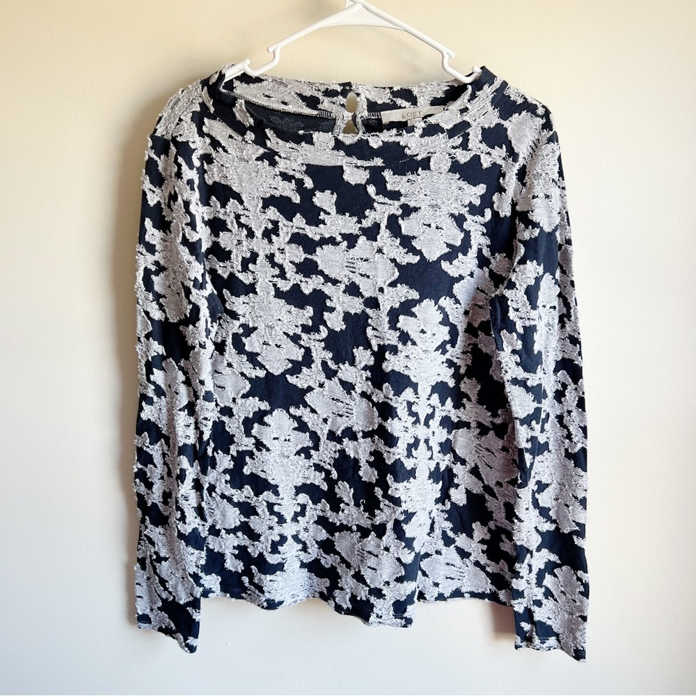 Loft Blue White Textured Ruffle Long Sleeve Mockneck Top